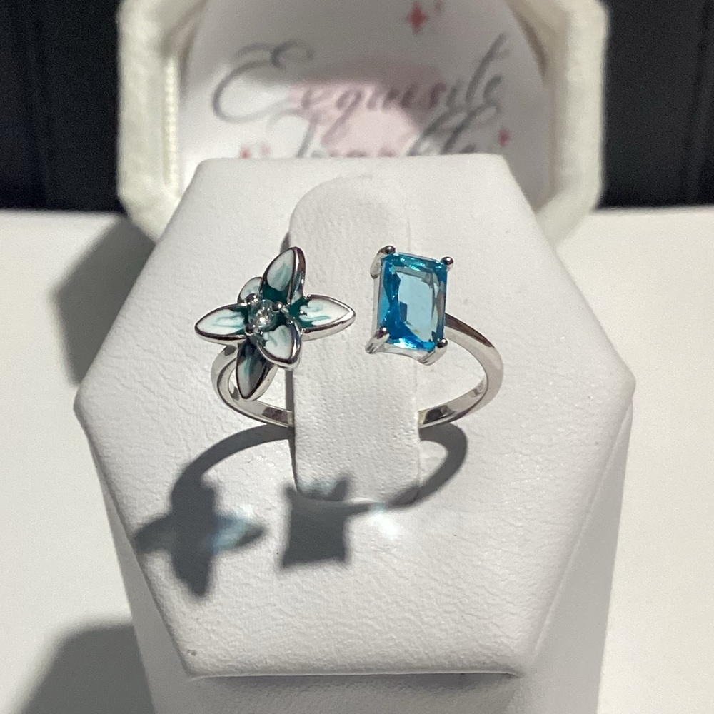 🪷Sterling Silver 925 Teal and Blue Zircon Open Lotus Adjustable Ring